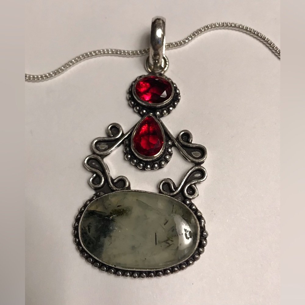 Prehnite Garnet Stamped 925 Sterling Silver Necklace